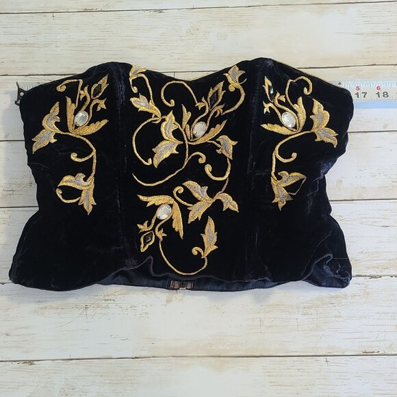 Vintage Natori Neiman Marcus Black Velvet Embroidered Bustier Elegant Whimsigoth - Picture 7 of 10